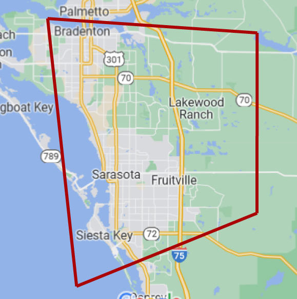 Service_Map02092026a Map highlighting service areas for Elite Home Watchers, including Lakewood Ranch, Sarasota, Bradenton, Siesta Key, and Fruitville.